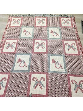 Fieldcrest Cotton Holiday Christmas Candy Canes Horns Tapestry Throw Blanket